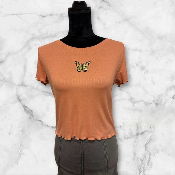 Heart Hips Tee Y2K Style Cropped Embroidered Butterfly Lettuce Hem Orange Large - Picture 2 of 5